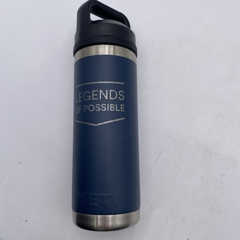 Yeti Rambler 18 OZ Bottle Navy Blue Chug Cap Clean SEE PICS Engraved Water Cup2